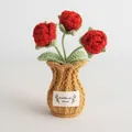 Handmade crochet red rose plant in beige woven pot with HandMade with Love tag - Red Rose