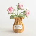 Handmade pink crochet roses in yellow knitted pot with HandMade WITH LOVE label - Pink Rose