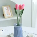 Pink handmade crochet tulip bouquet in blue geometric vase for home decor gift - Deep Pink