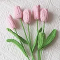 Handmade crochet pink tulip bouquet with five knitted flowers on white textured fabric - Light Pink