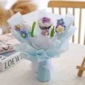 Handcrafted crochet flower bouquet with purple roses and blue wrap for Valentines gift - Purple and White Rose Mixed Series - Gift Wrapping Paper Included