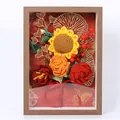 Handmade crocheted flower 3D frame with sunflower and red roses in dark wood border - Yellow Sunflower Mix