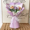 Handmade crochet tulip and daisy bouquet in premium purple wrap on a wooden tray - Purple (Purple Packaging)