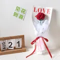 Handmade crochet red rose bouquet with festive LOVE wrapping paper and gold dot mesh - Red Rose With Exquisite Packaging