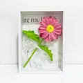 Handmade crochet pink gerbera in white photo frame with elegant pearl accents - Rose Red