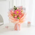 Detail of hand-knitted crochet flower bouquet with pink daisies and Just For You ribbon - Pink and Orange Mix Series 4