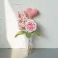 Handmade crochet flower bouquet with pink roses and heart pendant on a white ribbon - Pink Rose and Heart Combination (BJ06-08)