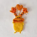Handmade yellow crochet sausage mouth key case with orange braided ties and heart detail - Orange Style