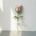 Handmade crochet pink rose flower with green leaves and a white decorative bow ribbon - Single Pink Rose (BJ06-11)