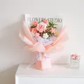 Handcrafted pink dahlia and daisy crochet flower bouquet in premium gift wrap with ribbon - Gradient Pink Rose Bouquet With Gift Bag