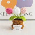 Handgemaakte gehaakte tulp in een lachende bruine pot met een bedankkaartje erbij - 3-Kops Tulp Roze Wit