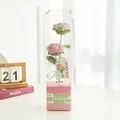Detail of handmade crochet flower bouquet in a clear gift box with LOVE IS ETERNAL ribbon - Pink Series