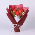 Handmade knitted bouquet with red tulips and green leaves in elegant gift wrapping - Fat Head Red Tulip With Gift Bag