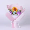 Handmade knitted sunflower bouquet with purple tulips in pink wrapping paper - Carnation Sunflower With Gift Bag