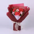 Handmade red crochet carnation bouquet with burgundy wrapping and white ribbon bow - Red Carnation With Gift Bag
