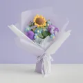 Handcrafted knitted sunflower and tulip bouquet in purple packaging with white ribbon - Carnation White Style With Gift Bag