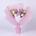 Knitted purple tulip and white daisy bouquet in pink gift wrapping paper for Mother's Day - Fat Purple Tulip With Gift Bag