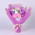 Hand-knitted bouquet featuring pink roses and purple tulips in elegant gift wrapping - Rose Mix Purple Style With Gift Bag