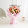 Handmade crochet flower bouquet with pink carnations and daisies in elegant gift wrap - Pink Theme Series 1