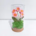 Handgefertigtes gehäkeltes Blumen-Nachtlicht in Glaskuppel mit Korksockel - Rosa Maiglöckchen
