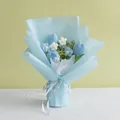 Handmade knitted flower bouquet with blue tulips and daisies in light blue wrap - Rabbit Head Blue Tulip Style With Gift Bag