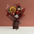 Knitted sunflower and graduation doll bouquet with red carnations and elegant wrap - Peony Red Style With Gift Bag