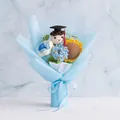 Handmade crochet graduation bouquet with a small doll, sunflower and blue paper wrap - Rose Sunflower Blue Wrapping With Gift Bag