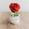 Detail of a handmade crochet red rose in a white pot with a Love Is Eternal ribbon - Red Thai Rose