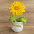Handmade crochet sunflower potted plant with white grid vase and green leaves - Yellow