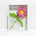 Handmade crochet pink flower in white frame with ribbon bow and small pearls - Rose Red