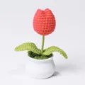 Handmade crochet tulip in coral pink with a white ceramic pot for home decor - Single Head Style / Deep Pink