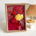 Handmade crochet rose and hydrangea 3D floral shadow box frame for holiday gifts - Red Rose Mix