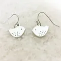 Minimalist silver bird dangle earrings with hollow dot pattern on white faux fur background - Silver (ES003-2)
