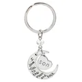Macro detail of 'I Love You To the moon and back' moon and 'Son' heart pendant keychain - SON