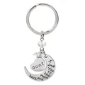 Silver I Love You Aunt keychain with heart and moon charms plus a crystal bead - AUNT