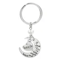 Detail of silver moon and heart keychain engraved with I Love You for Uncle - Uncle