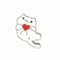 Cute white enamel kitten brooch holding a red heart made of polished zinc alloy - White Cat Holding Heart (XZ0093)