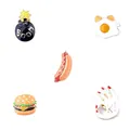 5-piece colorful enamel brooch set featuring burger, hot dog, egg, and BOOM bomb motifs - Cartoon Foodie Series (XZ0033-XZ0037)
