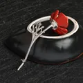 Artistic red poppy flower brooch with enamel finish and silver stem on dark background - Red Petal Silver Stem (XZ0213)