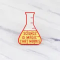 Science Is Magic conical flask enamel pin with yellow liquid design and red text - Science Flask Style(XZ0369)