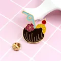 Coconut cocktail enamel pin with yellow lemon and pink flower on a gold base - Tropical Coconut Drink Style (XZ0384)