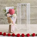 Detail of handmade crochet tulip bouquet in a clear gift box with elegant ribbon - Chubby Tulip - Dark Pink Small PET Box / Deep Pink