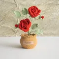 Handmade crochet red rose potted plant with green leaves and limited edition tag - Double Headed Rose Red
