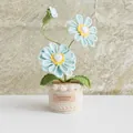 Handmade crochet light blue daisy potted plant with green leaves and a leather tag - Light Blue