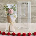 Hand-crocheted pink tulip bouquet in a clear gift box with vintage newspaper wrap - Coral Pink