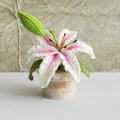 Handmade crochet lily flower bouquet in a beige woven pot for home desk decoration - Lily Gradient Pink