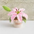 Close-up of handmade pink knitted lily with a leather tag on a cream-colored pot - Lily Pink