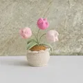 Detailed close-up of handmade crochet tulip potted plant with delicate pink yarn petals - 3 Head Tulip Pink