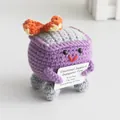 Handmade crochet purple trash can doll with flame decor and positive quote card - Purple Dumpster Fire