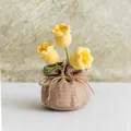 Handmade crochet yellow tulip flower in a rustic burlap pot for home desk decoration - Yellow (3 Heads)